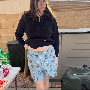 Black Zip-Up Hoodie and Blue Printed Shorts